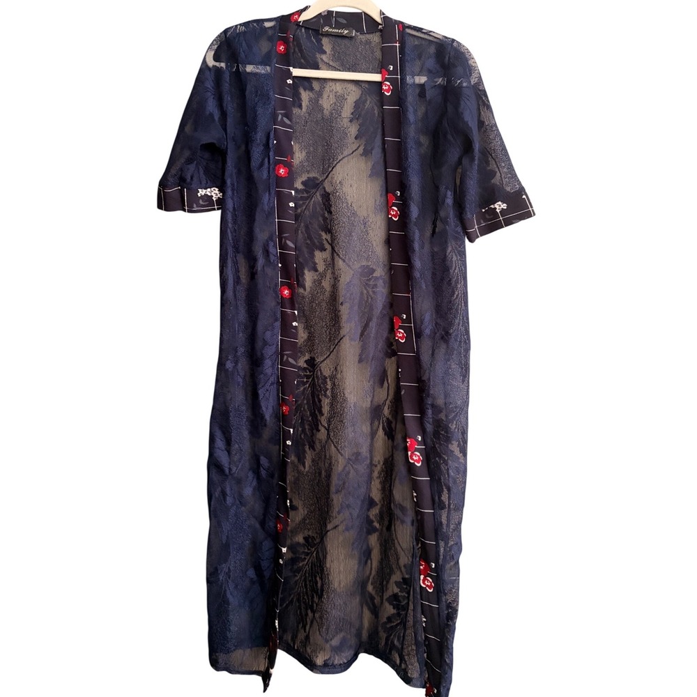 Navy Blue Sheer Lace Mesh Burnout Leaf Duster Cardigan Floral Trim Kimono‎ NWOT